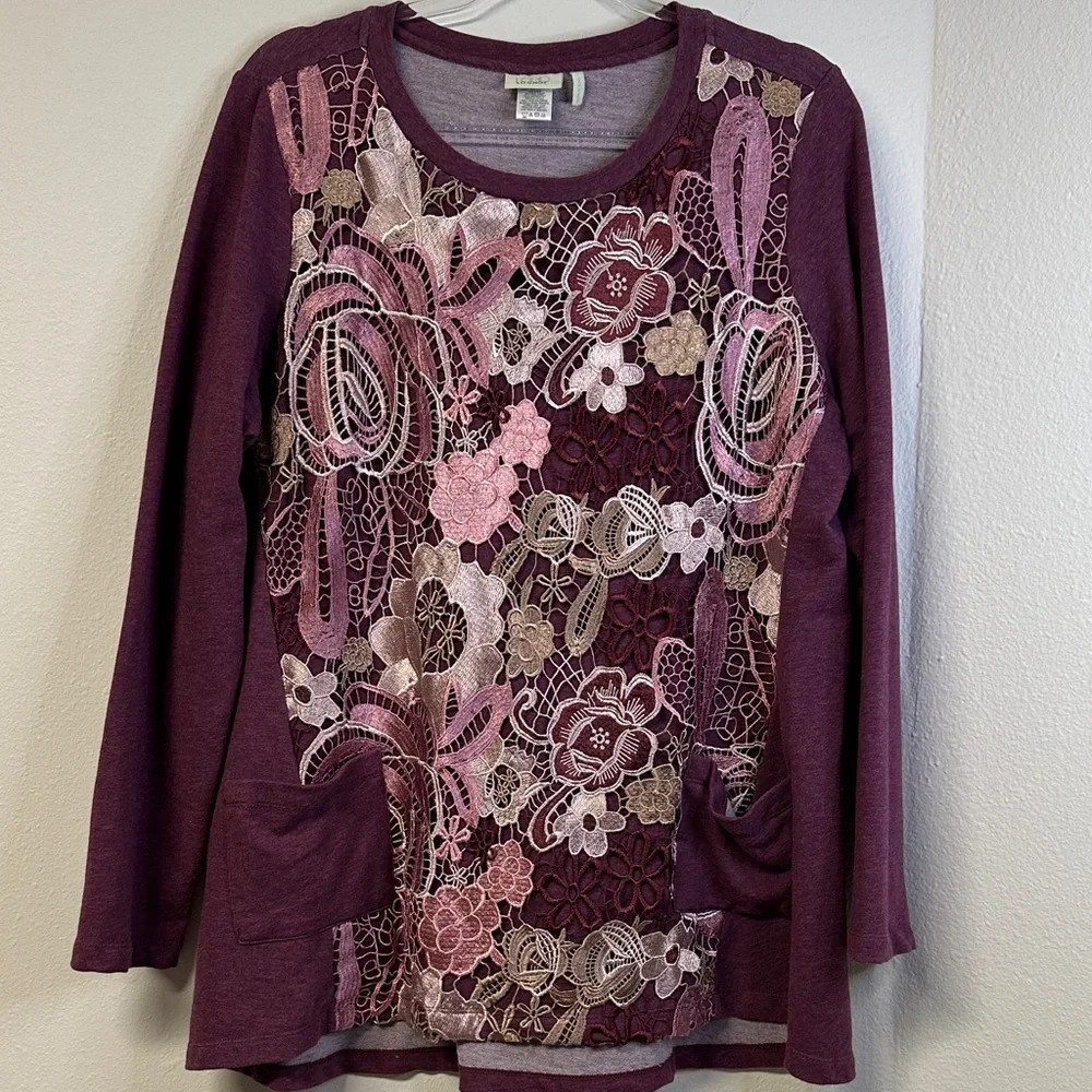 LOGO Lounge Long Sleeve Sweatshirt Floral Crochet Design Women's Size L - Picture 2 of 7